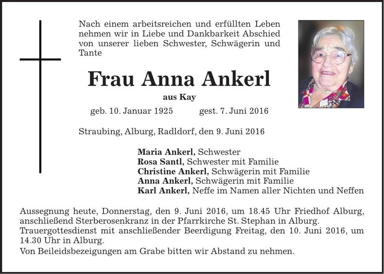 Traueranzeige Anna Ankerl