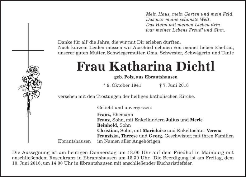 Traueranzeige Katharina Dichtl