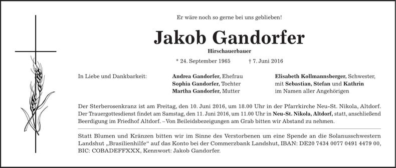 Traueranzeige Jakob Gandorfer