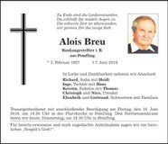 Traueranzeige Alois Breu