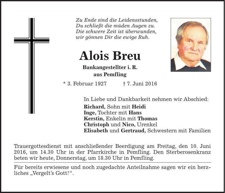 Traueranzeige Alois Breu