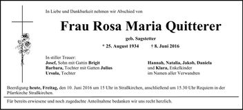 Traueranzeige Rosa Maria Quitterer