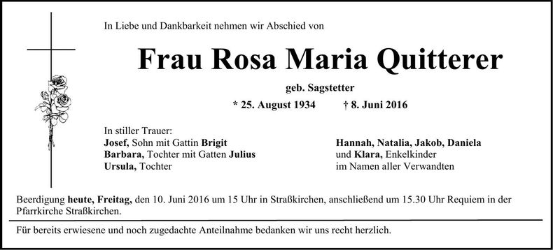 Traueranzeige Rosa Maria Quitterer