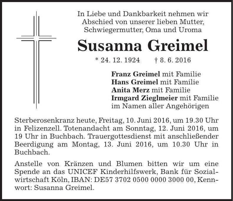 Traueranzeige Susanna Greimel