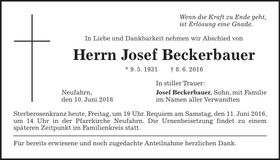 Traueranzeige Josef Beckerbauer