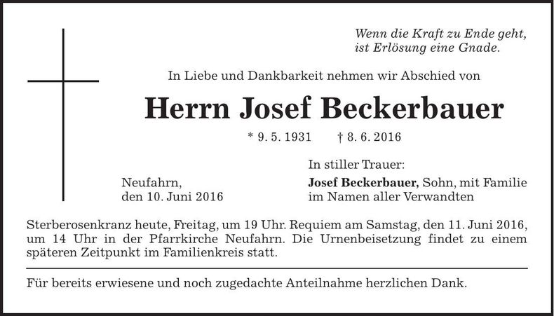 Traueranzeige Josef Beckerbauer