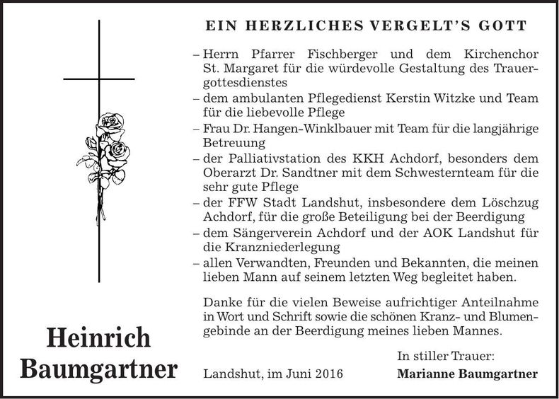 Traueranzeige Heinrich Baumgartner