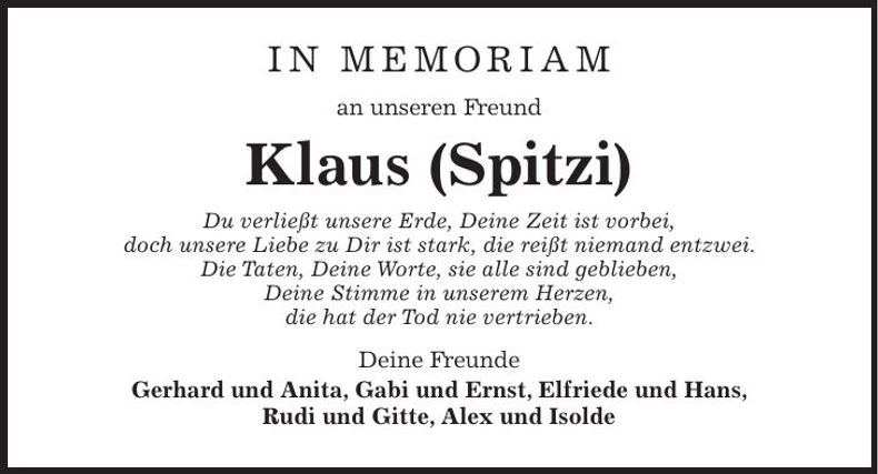 Traueranzeige Klaus Spitznagel