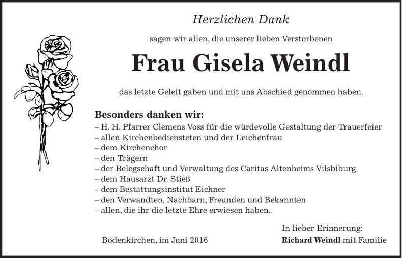 Traueranzeige Gisela Weindl