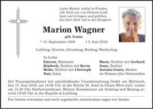 Traueranzeige Marion Wagner