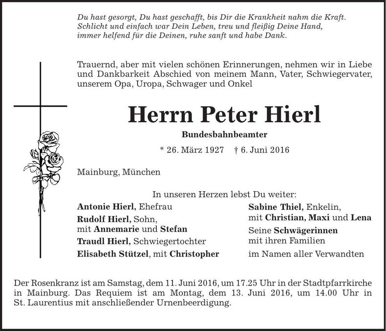 Traueranzeige Peter Hierl