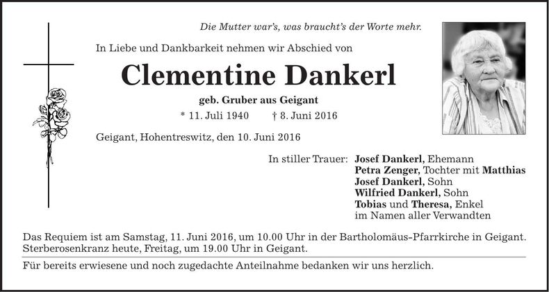 Traueranzeige Clemtine Dankerl