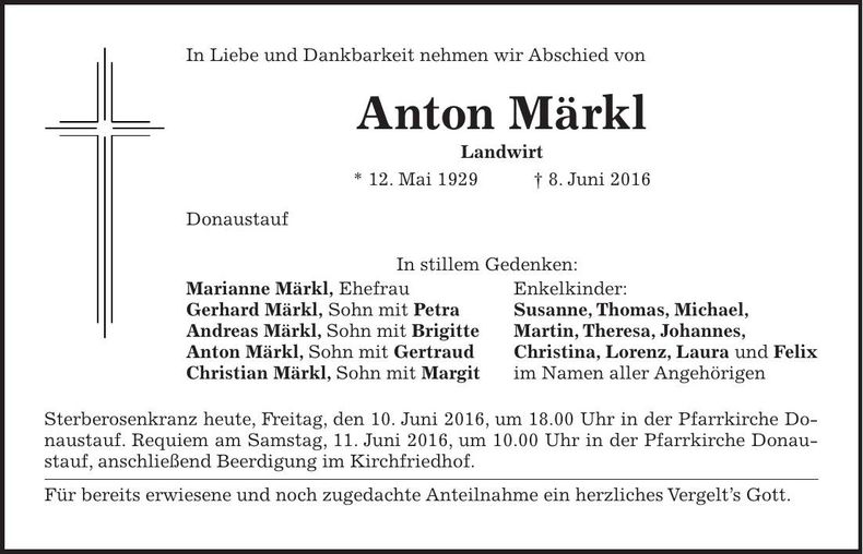 Traueranzeige Anton Märkl
