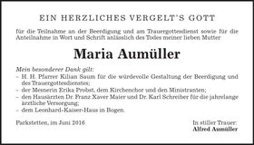 Traueranzeige Maria Aumüller