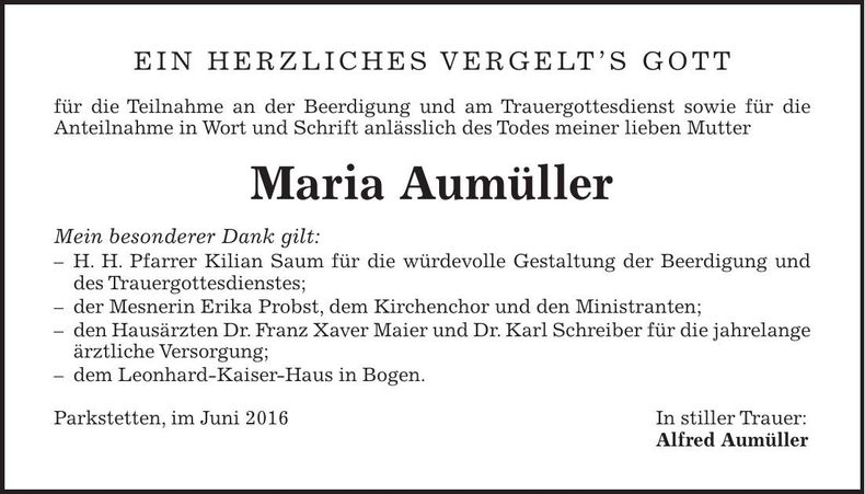 Traueranzeige Maria Aumüller