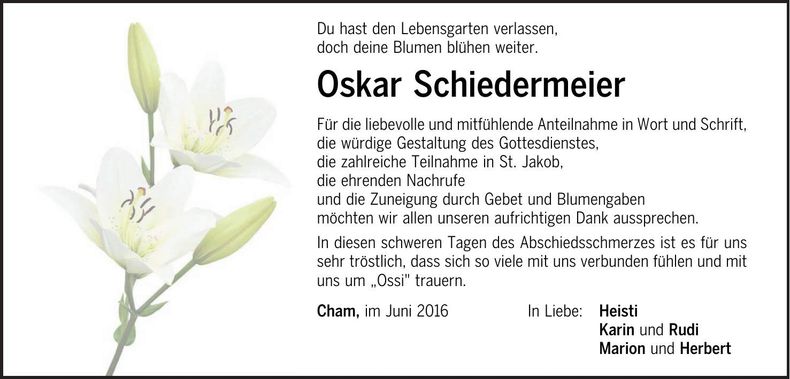 Traueranzeige Oskar Schiedermeier