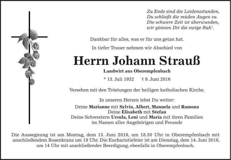 Traueranzeige Johann Strauß