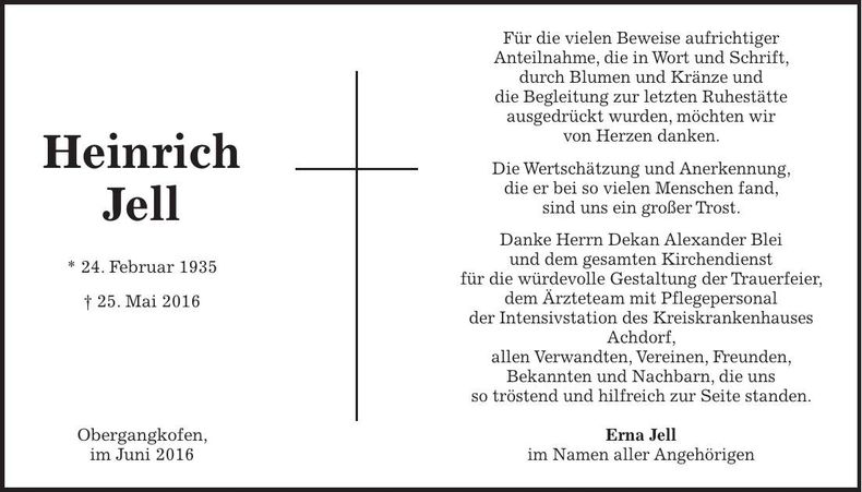 Traueranzeige Heinrich Jell