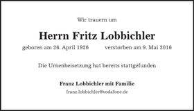 Traueranzeige Fritz Lobbichler