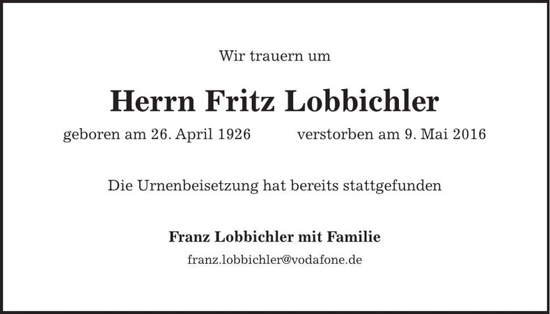 Traueranzeige Fritz Lobbichler