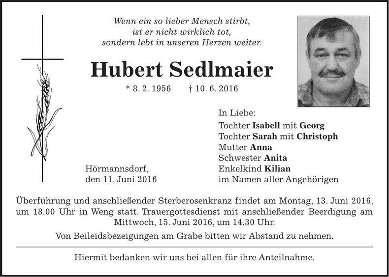 Traueranzeige Hubert Sedlmaier