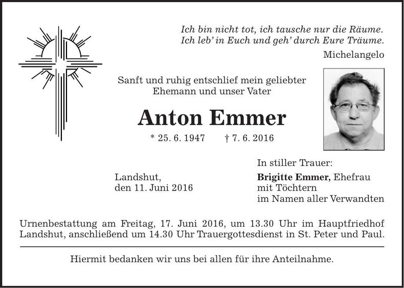 Traueranzeige Anton Emmer