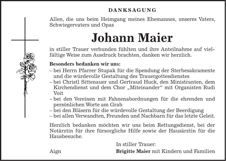 Traueranzeige Johann Maier