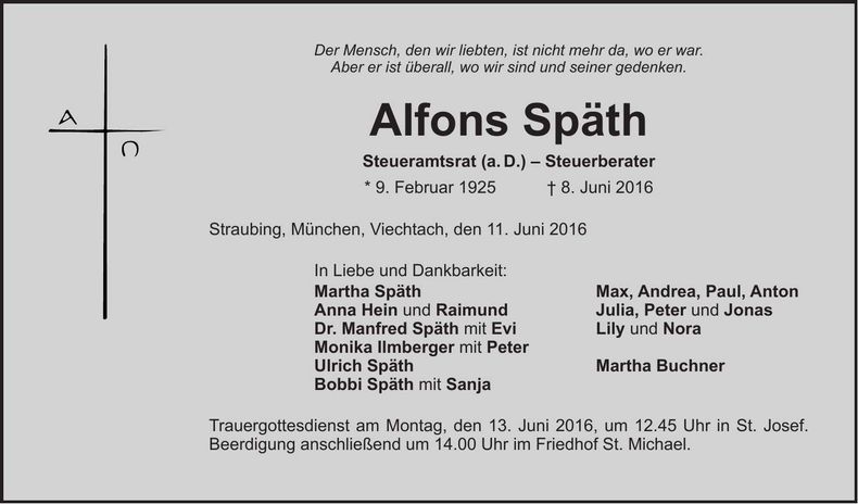 Traueranzeige Alfons Späth