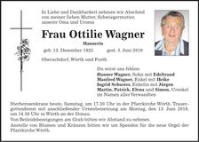 Traueranzeige Ottilie Wagner