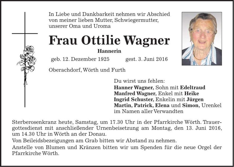Traueranzeige Ottilie Wagner