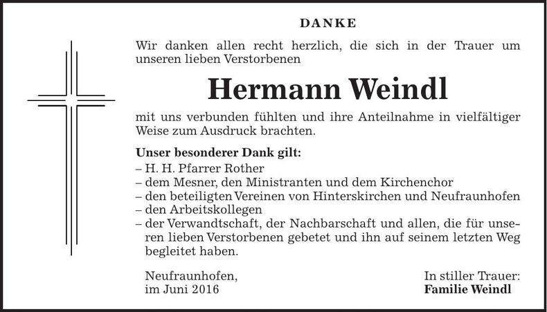 Traueranzeige Hermann Weindl