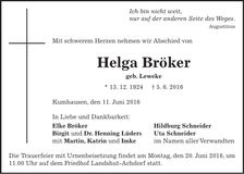 Traueranzeige Helga Bröker