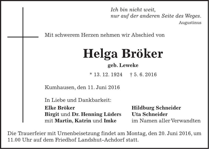 Traueranzeige Helga Bröker