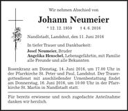 Traueranzeige Johann Neumeier