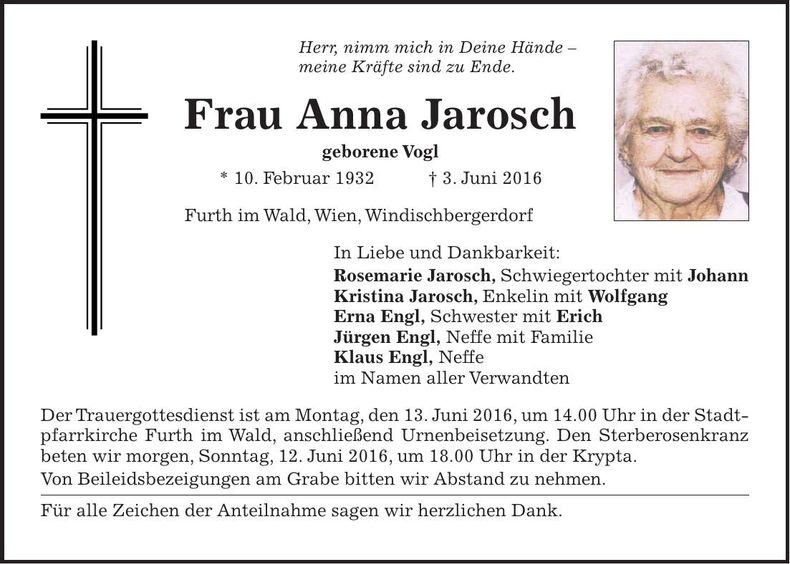 Traueranzeige Anna Jarosch