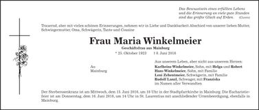 Traueranzeige Maria Winkelmeier