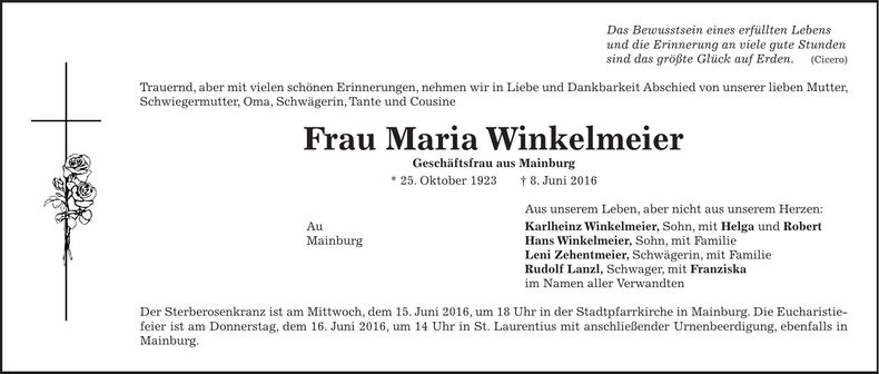 Traueranzeige Maria Winkelmeier