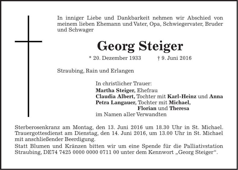 Traueranzeige Georg Steiger