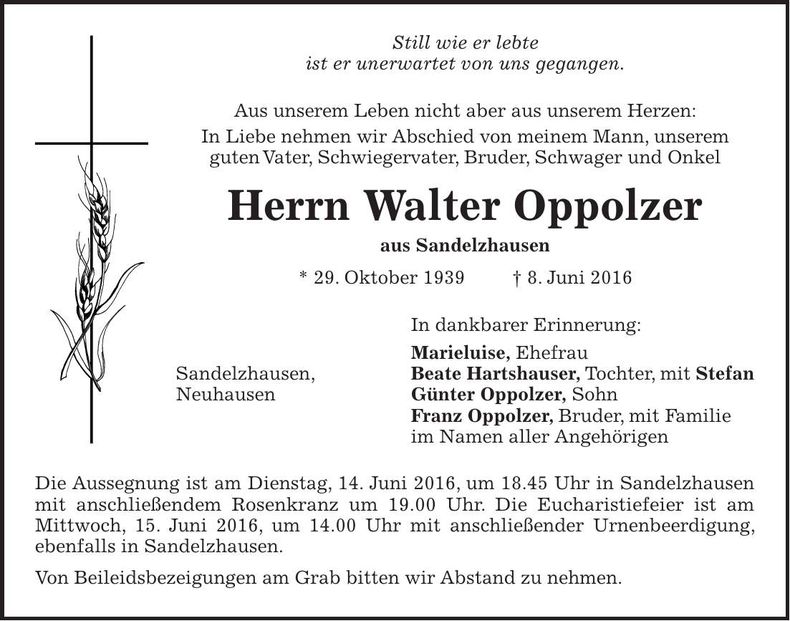 Traueranzeige Walter Oppolzer