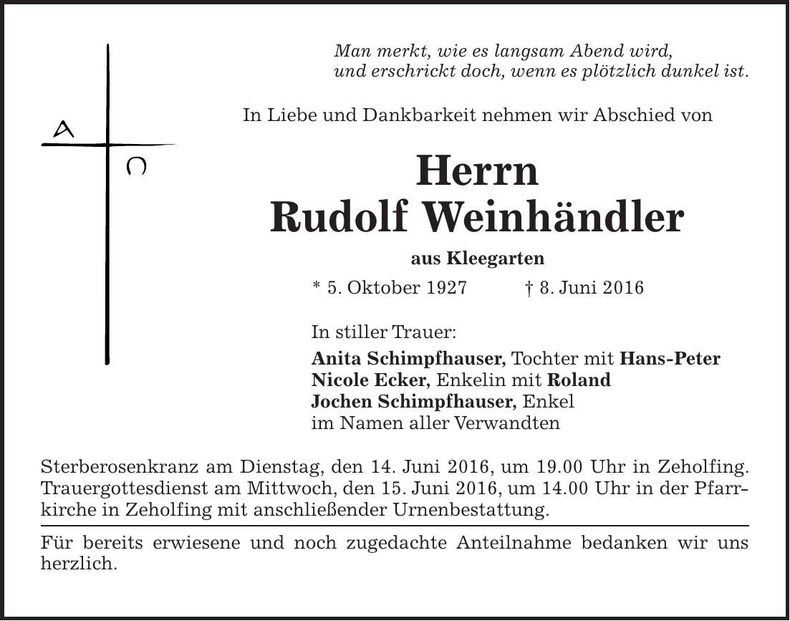 Traueranzeige Rudolf Weinhändler