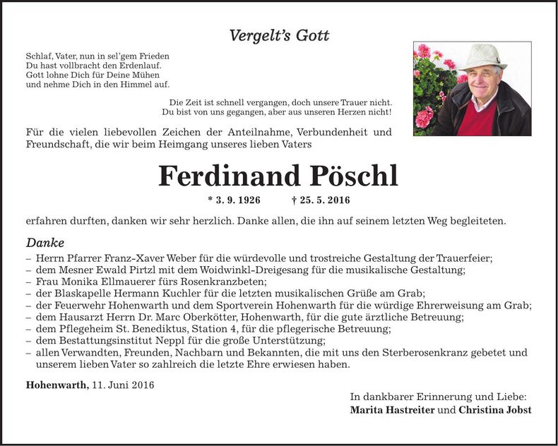 Traueranzeige Ferdinand Pöschl