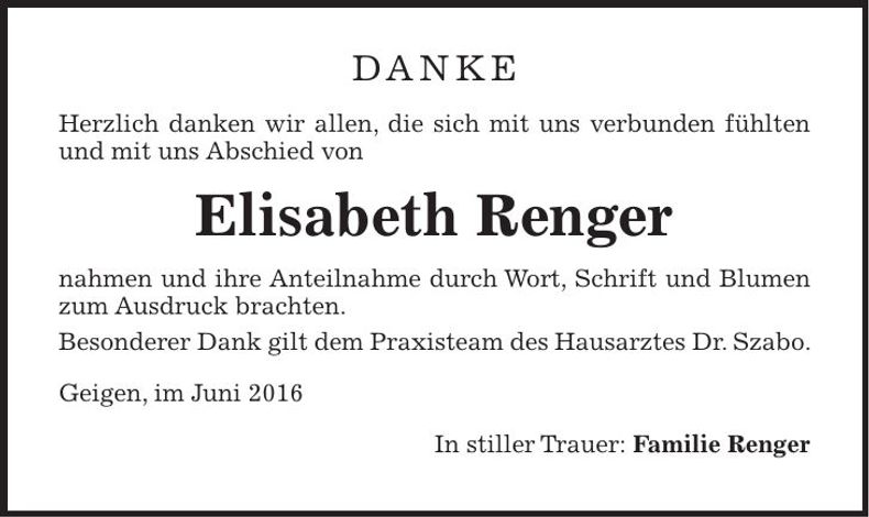 Traueranzeige Elisabeth Renger