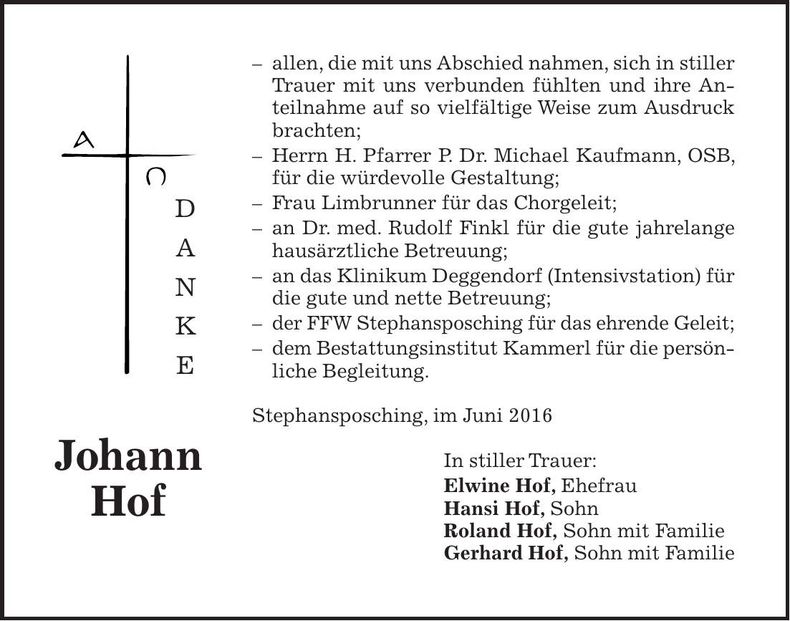 Traueranzeige Johann Hof
