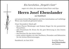 Traueranzeige Josef Ebenslander