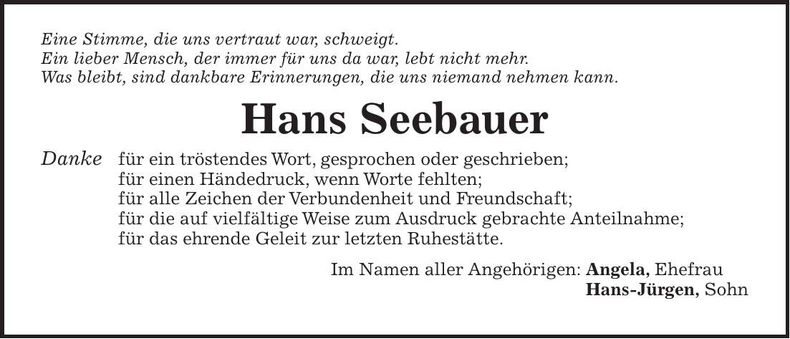 Traueranzeige Hans Seebauer