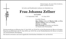 Traueranzeige Johanna Zellner