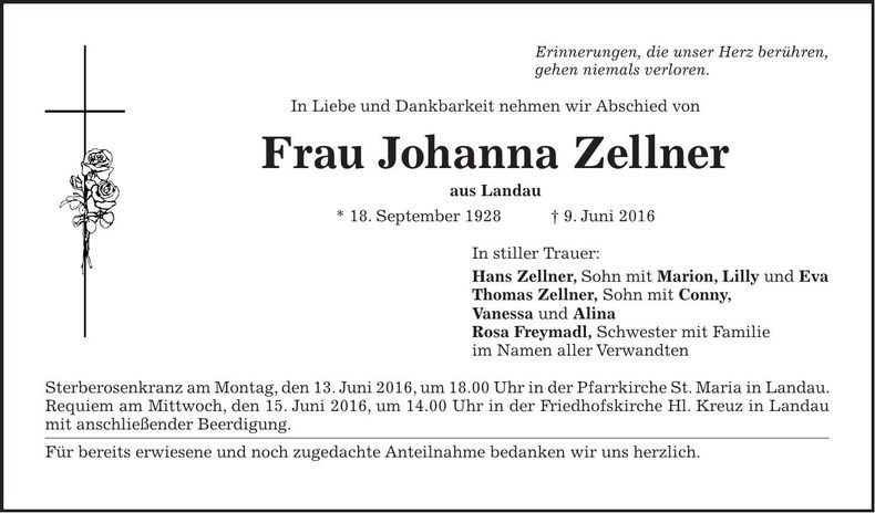 Traueranzeige Johanna Zellner