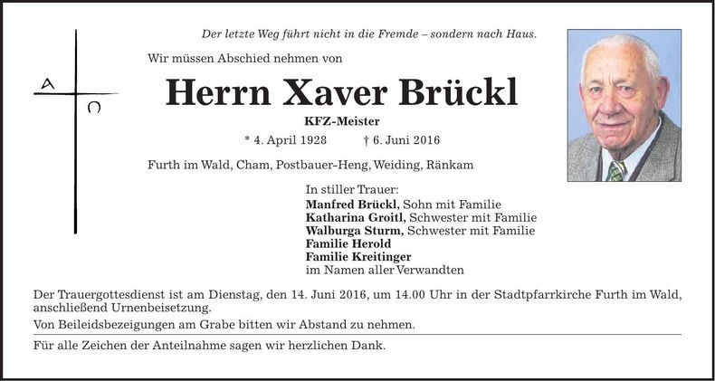 Traueranzeige Xaver Brückl