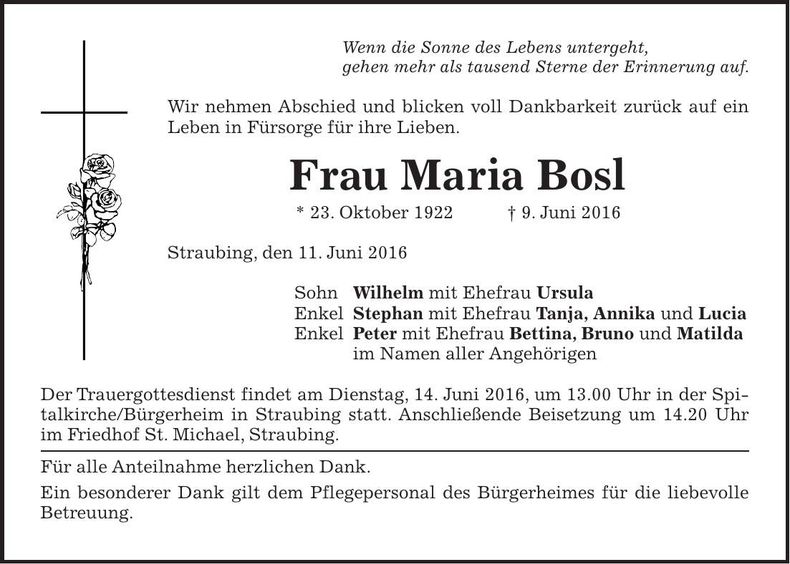 Traueranzeige Maria Bosl