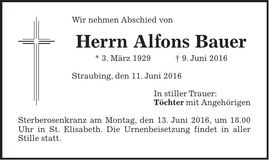 Traueranzeige Alfons Bauer